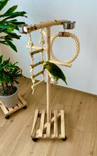 Lade das Bild in den Galerie-Viewer, Papageien Freisitz aus Birkenholz/Kiefernholz inkl. Futterschüsseln und Spielzeug 1,20 m